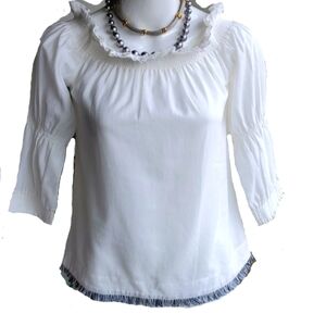 Trina Turk White Boho Peasant Cotton Modal Blend Fringed Hem Top Size XS